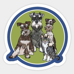 Three Miniature Schnauzers and a Cat Sticker